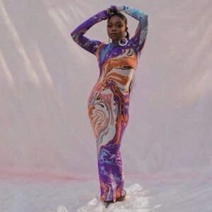 NWT Kai Collective Gaia Maxi Dress Sheer Mesh Abstract Multicolor Small